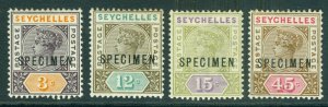 Sg 22-25 Seychelles 1893. 3c-45c Surimprimées Specimen. Légèrement Monté Mint
