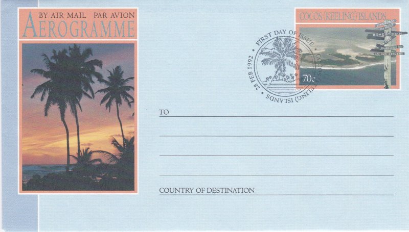 Cocos Islands Three Aerogrammes, Unused, First Day Cancels