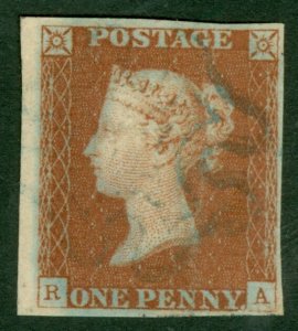 Blue Maltese cross 1841 1d red brown lettered R.A. Neatly cancelled with a...