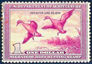 RW5-1938 Federal Duck Stamp -F-VF- Regummed- Perf Stains- UL