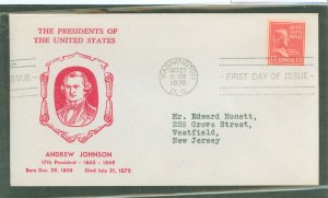 US 822 1938 17c Andrew Johnson (presidential/prexy series) single on an addressed first day cover with a Hux cut cachet.