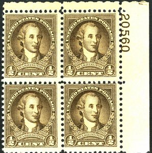 U.S. #704 MINT PL# BLOCK OF 4 OG NH