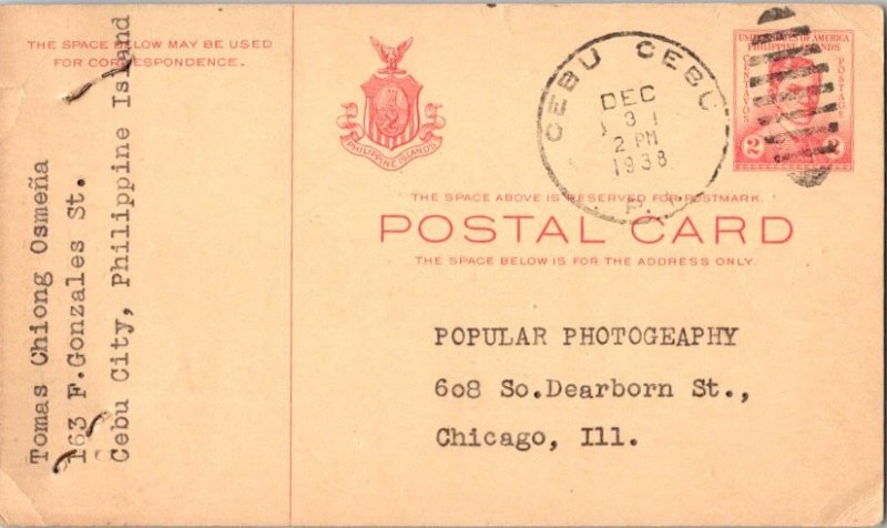 Philippines 2c Rizal Postal Card 1938 Cebu, Cebu P.I. to Chicago, Ill.  Paper...