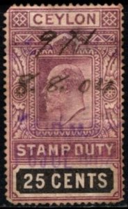 1904 Ceylon Revenue 25 Cents King Edward VII Stamp Duty Used