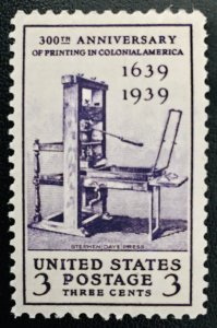 United States #857 3¢ 300th Anniversary of Printing. Unused. Light hinge mark.