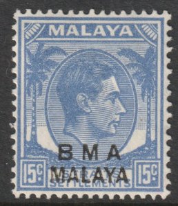 Malaya Straits Setts Scott 265 - SG12a, 1945 BMA Overprint 15c Die II MH*