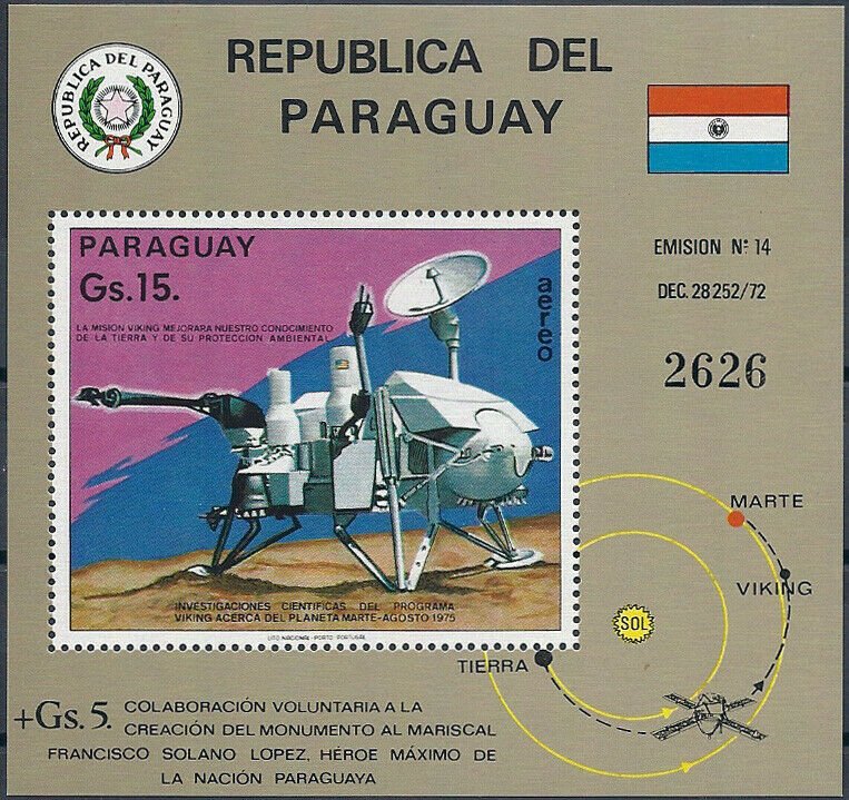 1975 Paraguay Mars Probe Viking, Space, Sheet Nr. 258 VFMNH, CAT 28$