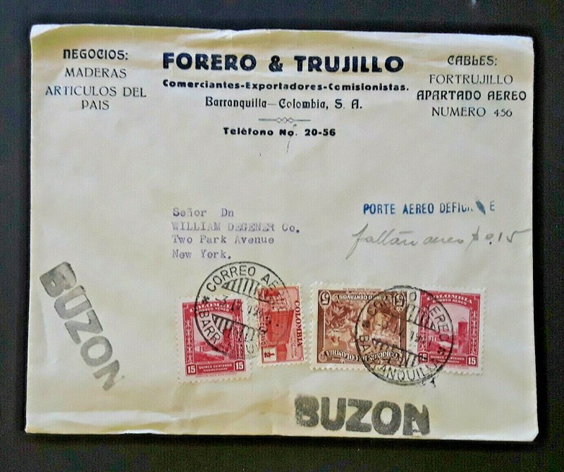 1941 Barranquilla Colombia South America To New York NY Airmail Mailbox Cover