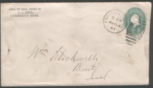 USA 1896 2c env canc Faribault Minn duplex, Burt Iowa cds...