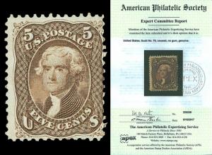 Scott 76 1863 5c Jefferson Unused Fine No Gum Cat $525 with APS CERTIFICATE!