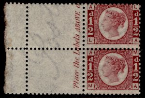 GB QV SG48, SCARCE ½d rose-red, NH MINT. MARGINAL INSCRIPTION PAIR