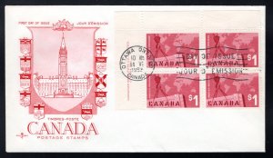 Scott 411, FDC, Crane and Map, $1, UL Plate Block, 1963, Canada Postage Stamps