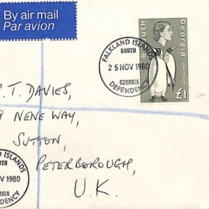 Falklands SOUTH GEORGIA Cover Registered QEII £1 PENGUINS High Value 1980 ZT38