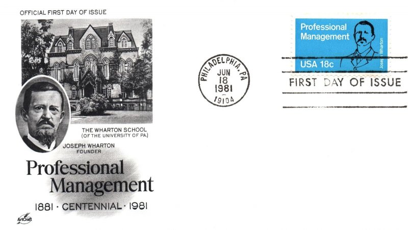 US FIRST DAY COVER THE WHARTON SCHOOL PROFESSIONAL OF MANAGEMENT 2 DIFF CACHETS