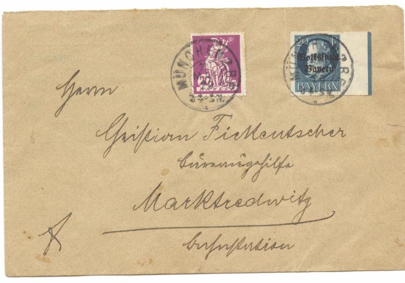 Bavaria 1920 Cover with mixed frankings and interesting Militia Vignette on back