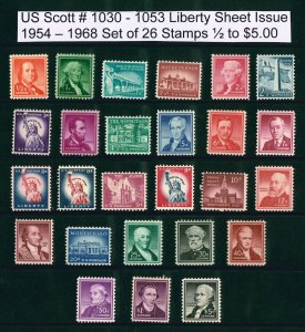 US Scott # 1030 -1053 Liberty Sheet Issues of 1954-68 Set of 26 / ½¢ to $5. MNH