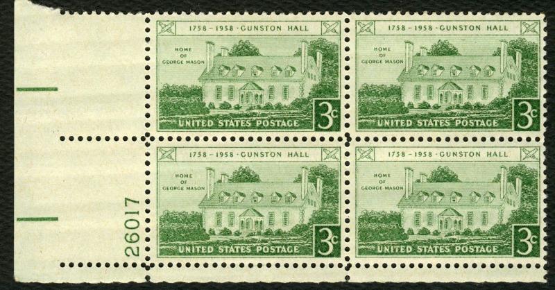 #1108 3c Gunston Hall, Plate Block [26017 LL], Mint **ANY 5=FREE SHIPPING**