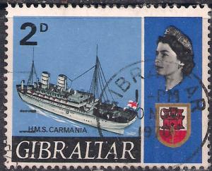 Gibraltar 1967 QE2 2d Ships H.M.S. Carmania SG 202 used ( G1209 )
