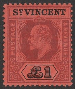 ST. VINCENT 1904 KEVII £1 purple & black on red.