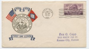 1936 Arkansas #782 FDC Plimpton cachet w centennial seal [y8723]