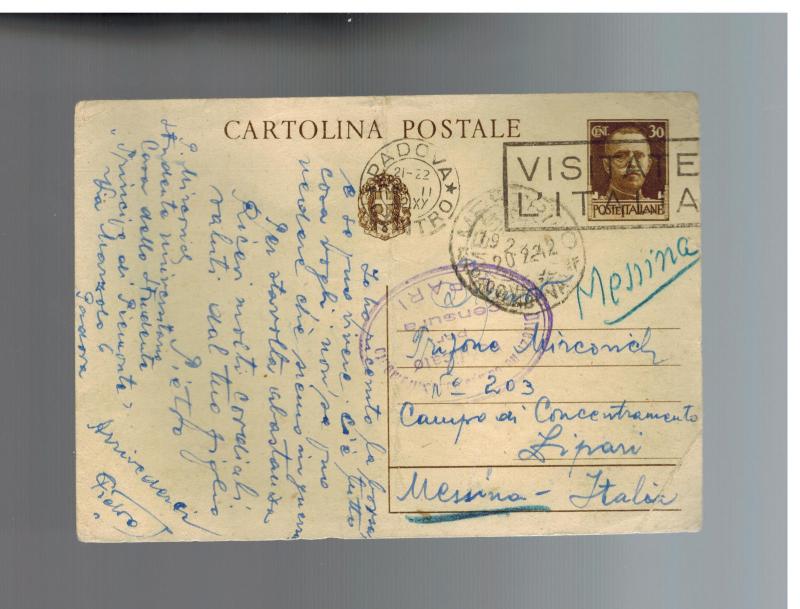 1942 Padova Italy to Lipari Concentration Camp postcard Cover Trifone Mircovich