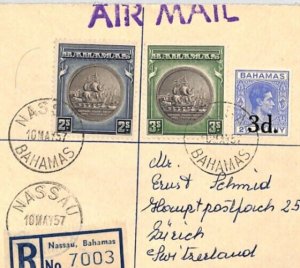 BAHAMAS KGVI Cover Air Mail Nassau Registered SWITZERLAND Zurich 1957 ZN76