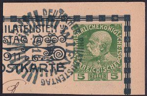 Austria - 1911 - 5h postcard cut square - fancy WIEN cancellation