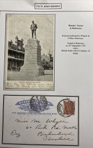 1907 Bulawayo Southern Rhodesia RPPC Postcard Cover To England Rhodes Statue