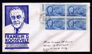 1946 FRANKLIN D. ROOSEVELT MEMORIAL FIRST DAY COVER W/ PB OF 4  (ESP#1280)