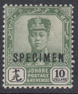 SG 102 Malaya Johore 1918-20. $10 green & black, overprinted specimen. A fine...