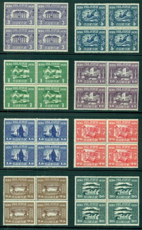 ICELAND #152-66, C3, Complete 1930 Parliament set in Blocks of 4 + C3 strip NH