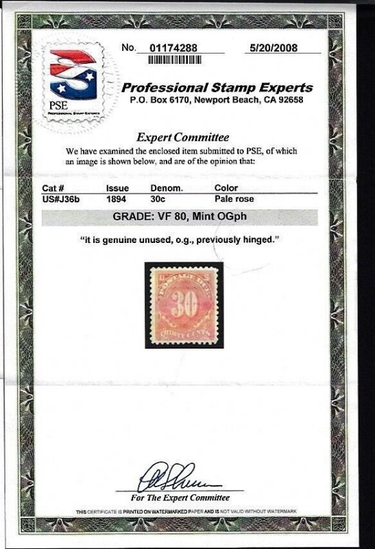 WCstamps: U.S. Scott #J36b  30c Pale Rose Postage Due VF Mint OGph SMQ $425