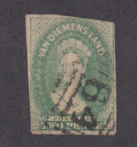 Tasmania Sc 8 used 1857 2p emerald Queen Victoria Chalon Head, Scarce