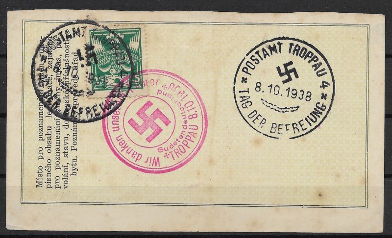 Sudetenland: 1938 Liberation Cancellation Item Troppau