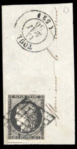 France, 1850-1900 #3, 1850 20c black, used on piece