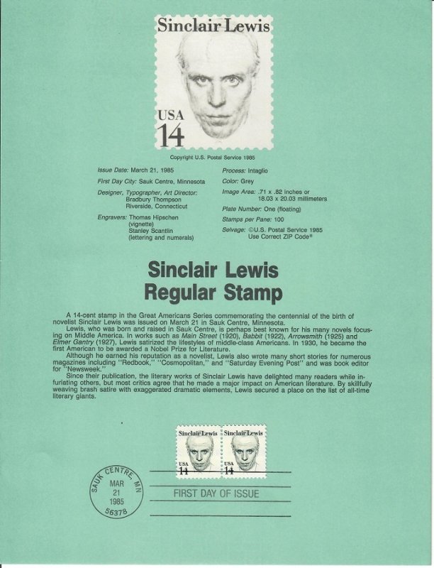 US SP515 Sinclair Lewis Souvenir Page #1856
