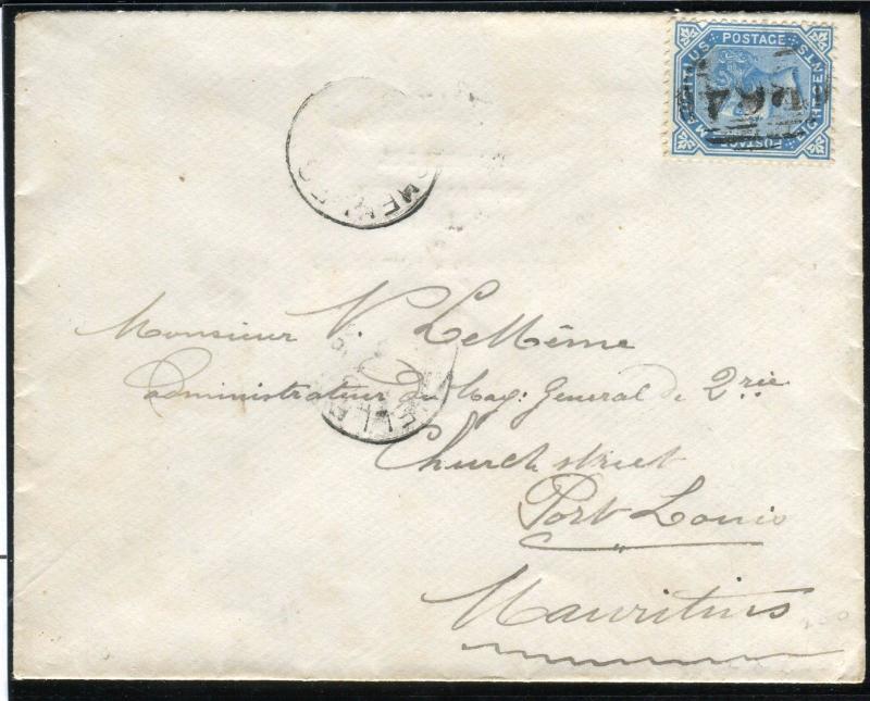 SEYCHELLES/MAURITIUS-1879-80 8c Blue used example on evelope B54 cancel Sg Z48