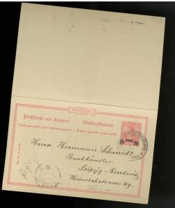 1902 German Post Office in Turkey Postal Stationery Reply cover to Leipzig