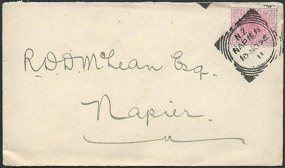 NEW ZEALAND 1895 QV 1d on cover NAPIER squared circle code 11..............42960