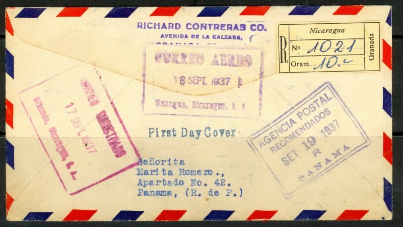 NICARAGUA 1937 USA CONSTITUTION Airmail Set 12 on Reg FDC Sc C203-C214 Cover