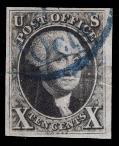 US STAMPS # 2 IMPERF BLUE CDS USED CAT. $950 LOT #5761