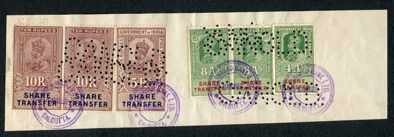 India KGV 6 x Share Transfer Revenue Stamps on piece