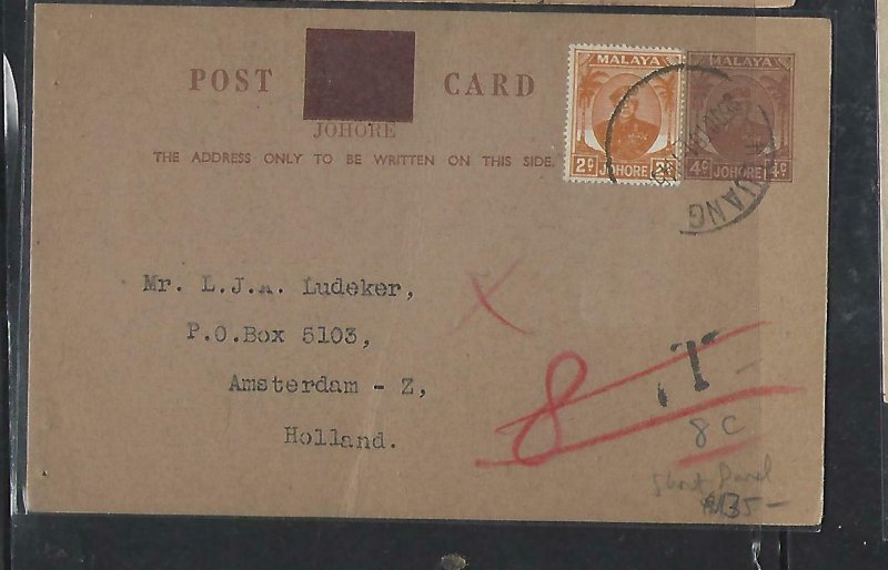 MALAYA JOHORE (P1709B)  4C SULTAN PSC+2C SH0RT PAID TO HOLLAND NO MSG 