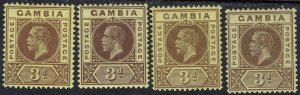 GAMBIA 1912 KGV 3D ALL 4 SHADES WMK MULTI CROWN CA