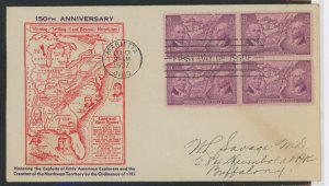 US 795 (1937) 3c Northwest Territory/1797 ordinance (block of four) on an addressed First Day cover with a Kapner cachet