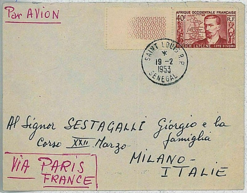 24189 - AOF SENEGAL -  POSTAL HISTORY -  FIRST FLIGHT Cover: DAKAR - PARIS 1953