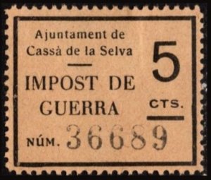 1937 Spain Civil War Local Revenue  Cassà de la Selva 5 Centimos War Tax