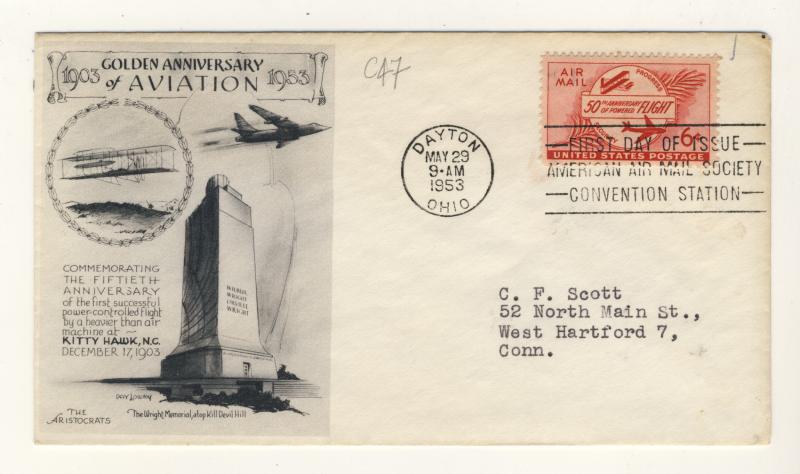 US - 1953 - Scott C47 FDC - 50th Anniversary Powered Flight by Wright Brothers