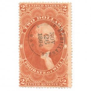 1863 $2 U.S. Internal Revenue, George Washington Scott R83c Probate of Will, Red