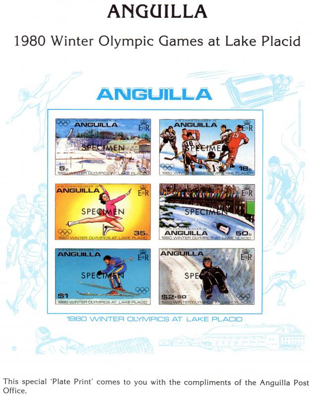 Anguilla 1980 Sc#375/380 WINTER OLYMPIC GAMES LAKE PLACID PLATE PRINT SPECIMEN